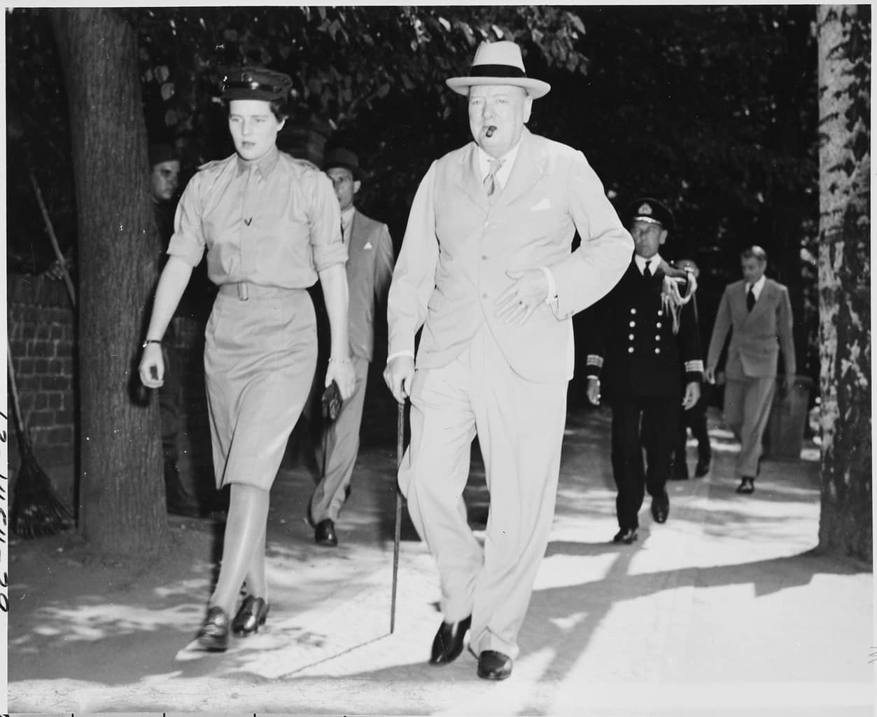 Prime Minister Winston Churchill of Great Britain, accompanied by his daughter, Mary Churchill, leaves the "Little White House"