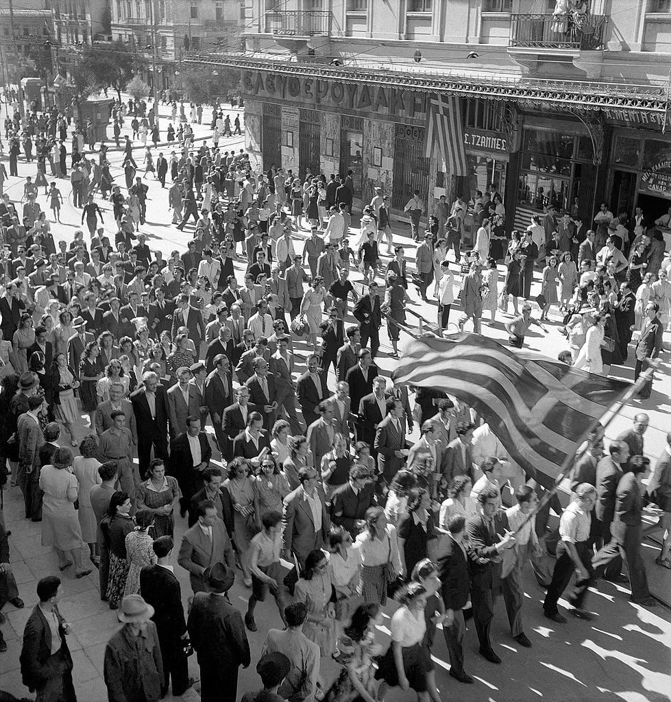 Residents of Athens celebrating the liberation from the Axis powers, October 1944