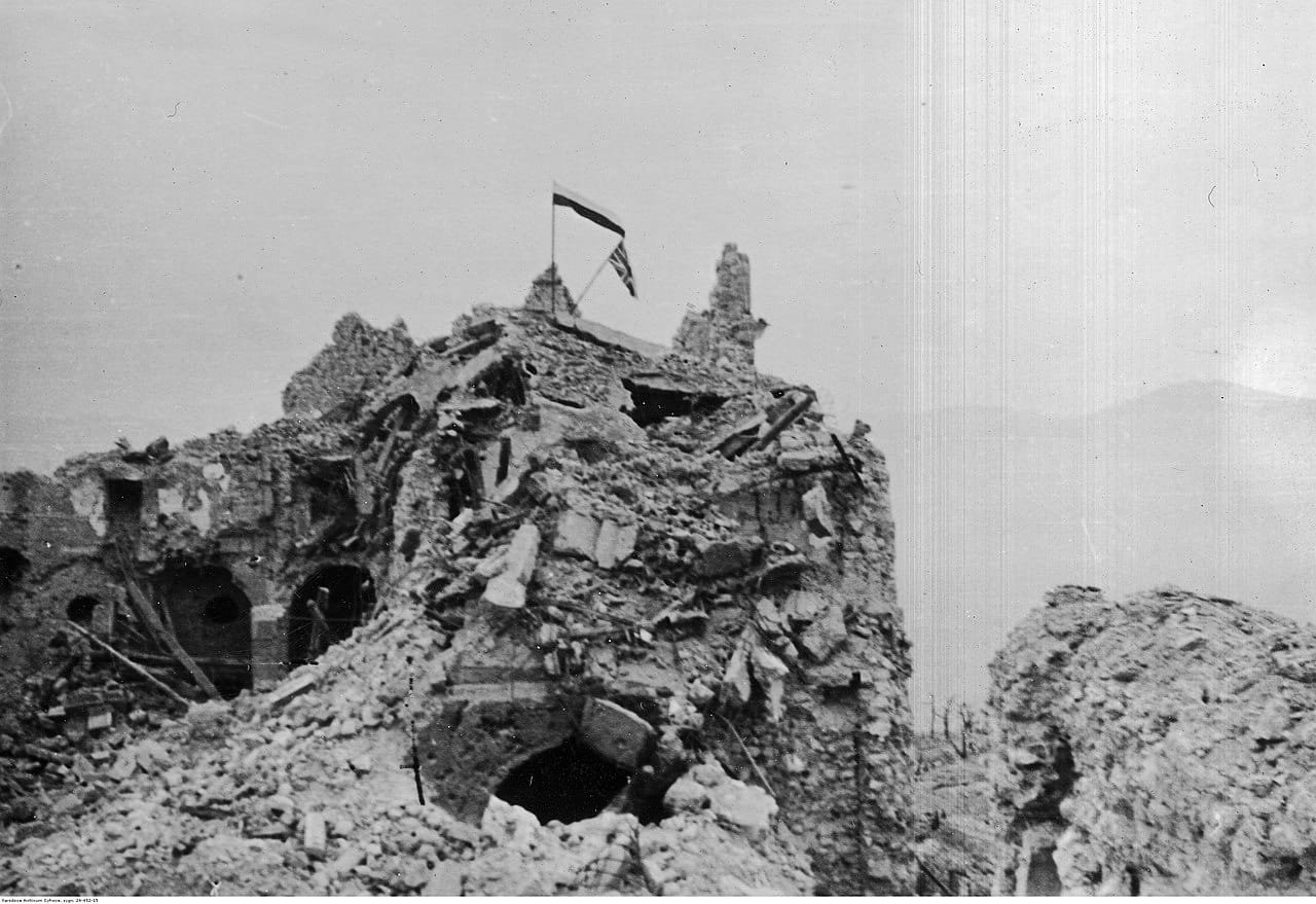 Polish and British flags flying over the ruins of the monastery in Monte Cassino - site of one of the fiercest battles of WWII