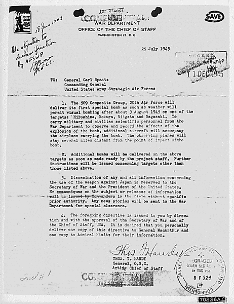 The official order to 'drop the bomb' - sent to General Spaatz on July 25th 1945