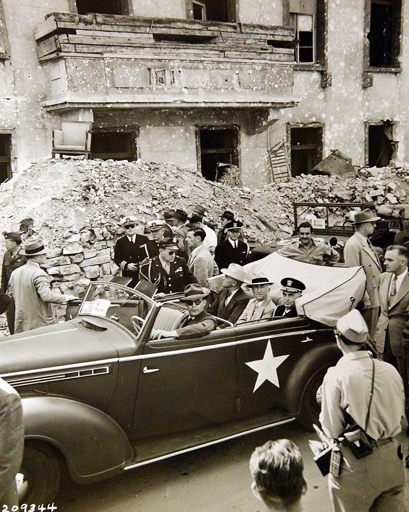 Truman tours ruined Berlin (pictured in front of the ruins of Hitler's Chancellery)