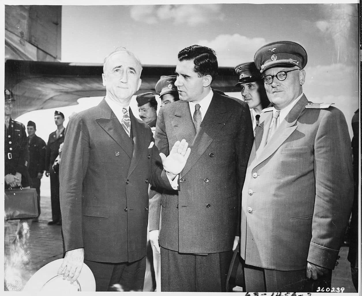 Secretary of State James Byrnes (left) - seen here greeting Soviet Ambassador to the United States, Andrei Gromyko (center) - would be an essential part of Truman's negotiating team/
