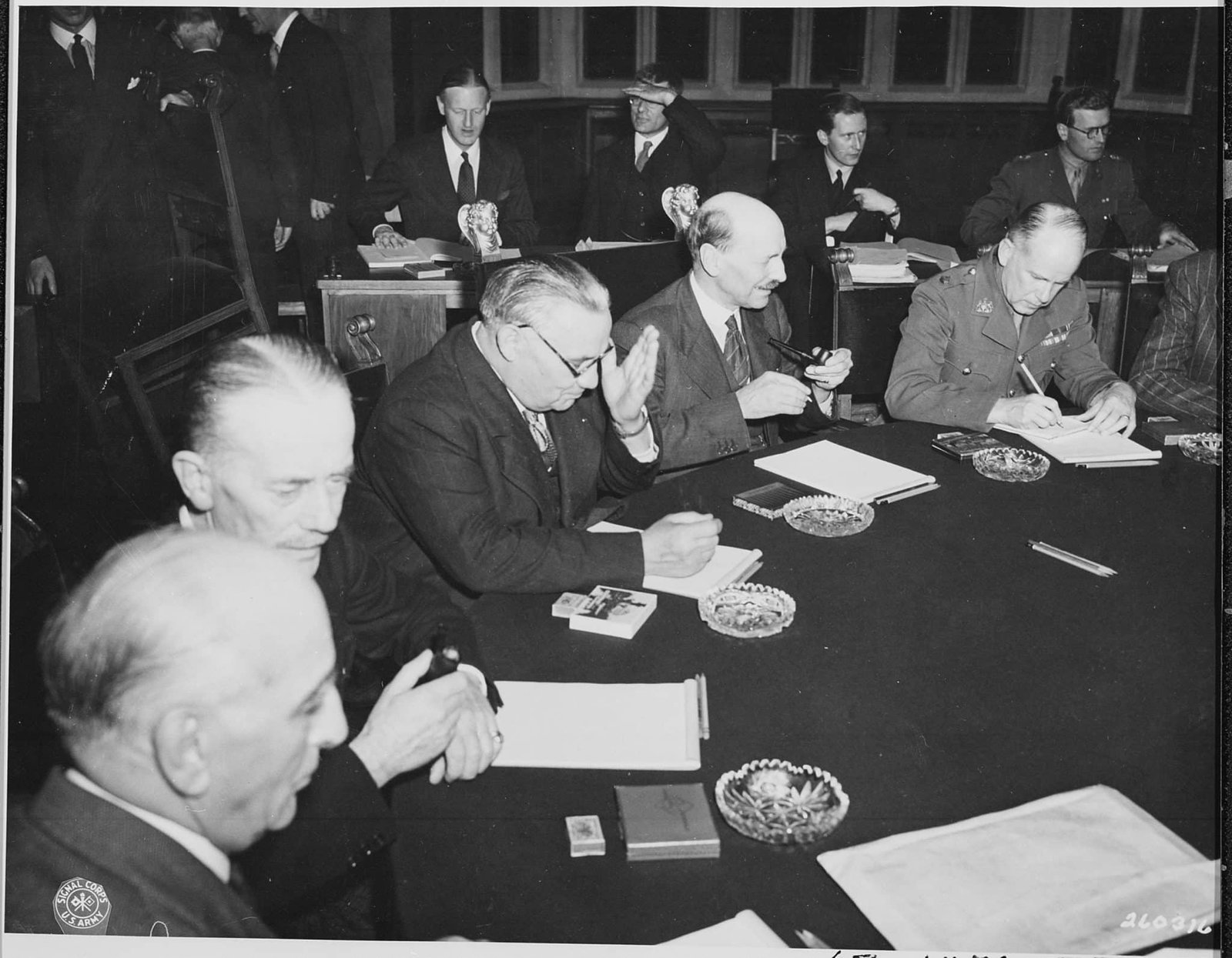 Ernest Bevin, Minister of Foreign Affairs, and UK Prime Minister Clement Attlee at a Potsdam plenary session