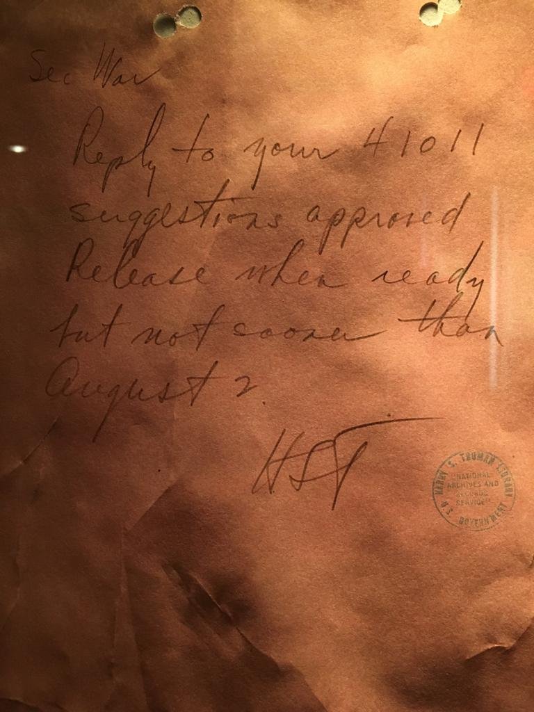 A copy of the 'Truman Note' from July 31st 1945 clearing the dropping of the Bomb