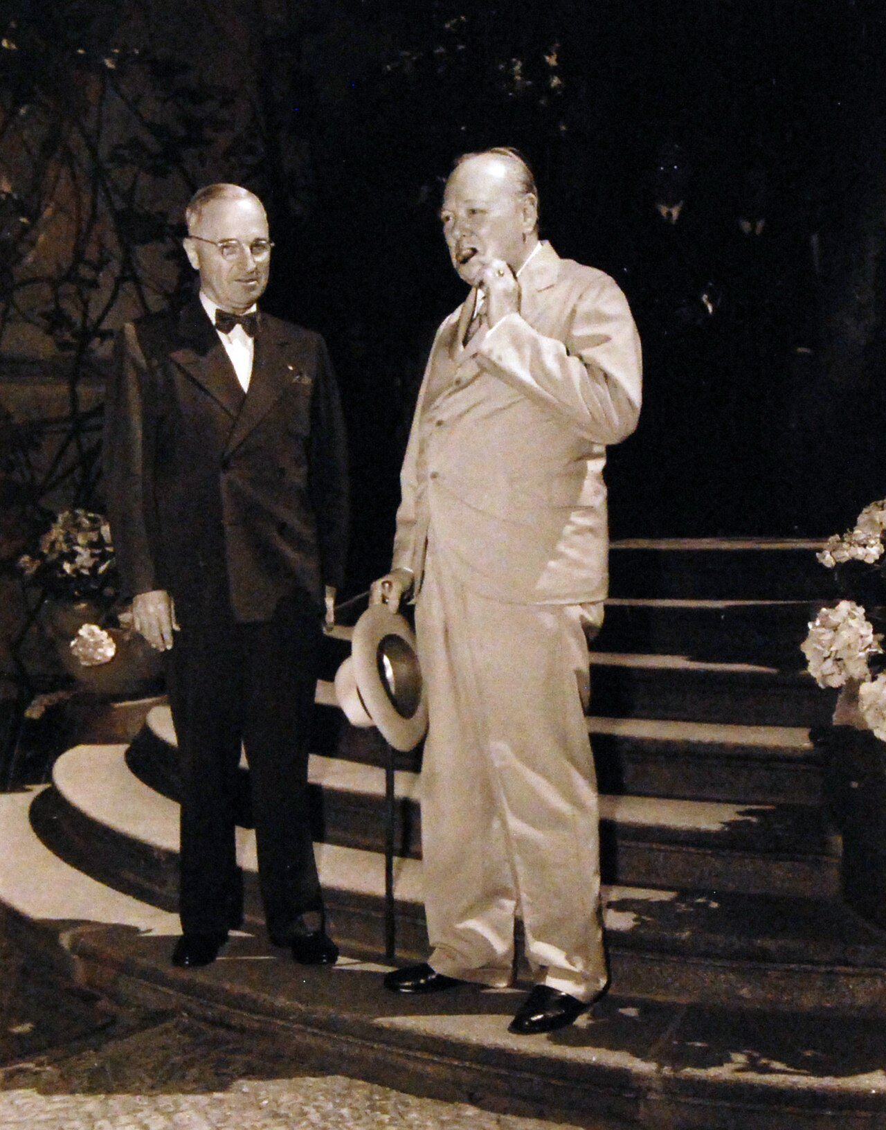 80-G-49983: Potsdam Conference, 17 July – 2 August 1945. Prime Minister Winston S. Churchill pays a visit to President Harry S. Truman at the “Little White House in Potsdam, Germany. Photographed by CPhoM Wm. Belknap, received July 16, 1945. U.S. Navy Photograph, now in the collections of the National Archives. (2016/02/23).