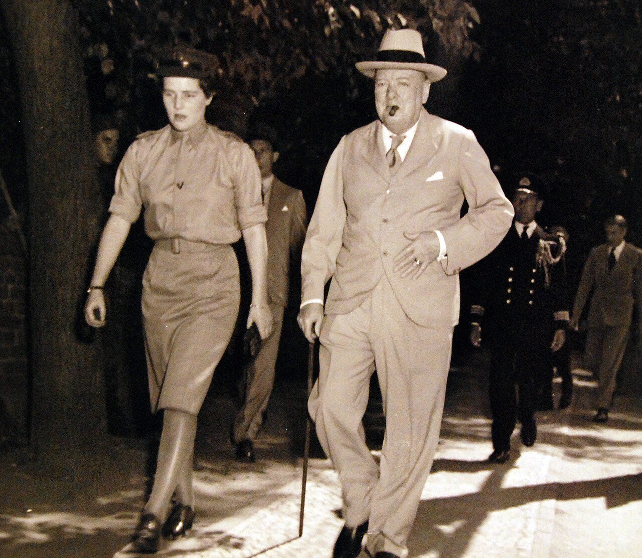 80-G-49987: Potsdam Conference, 17 July – 2 August 1945. Following a visit with President Harry S. Truman with the British Prime Minister Winston S. Churchill with his daughter, Mary leaves the “Little White House” in Berlin prior to the opening of the “Big Three” Conference. Photograph received July 24, 1945. U.S. Navy Photograph, now in the collections of the National Archives. (2016/02/23).