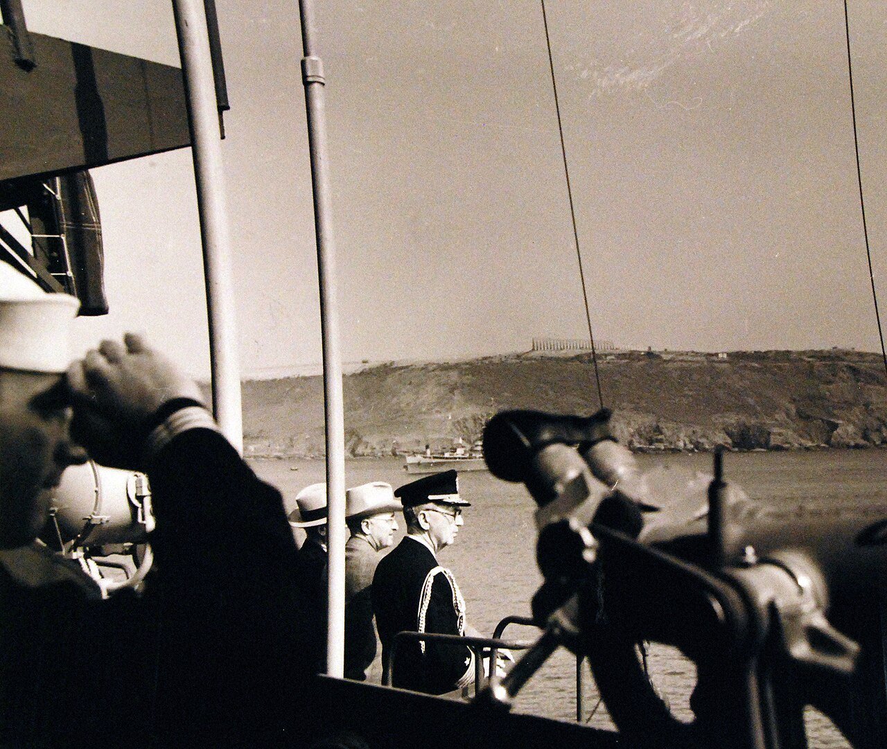 80-G-700256: Potsdam Conference, 17 July – 2 August 1945 Onboard USS Augusta (CA 31) at Plymouth, England. Secretary of State James F. Byrnes, President Harry S. Truman and Admiral William D. Leahy. Photograph released August 1945. U.S. Navy Photograph, now in the collections of the National Archives. (2016/02/23).