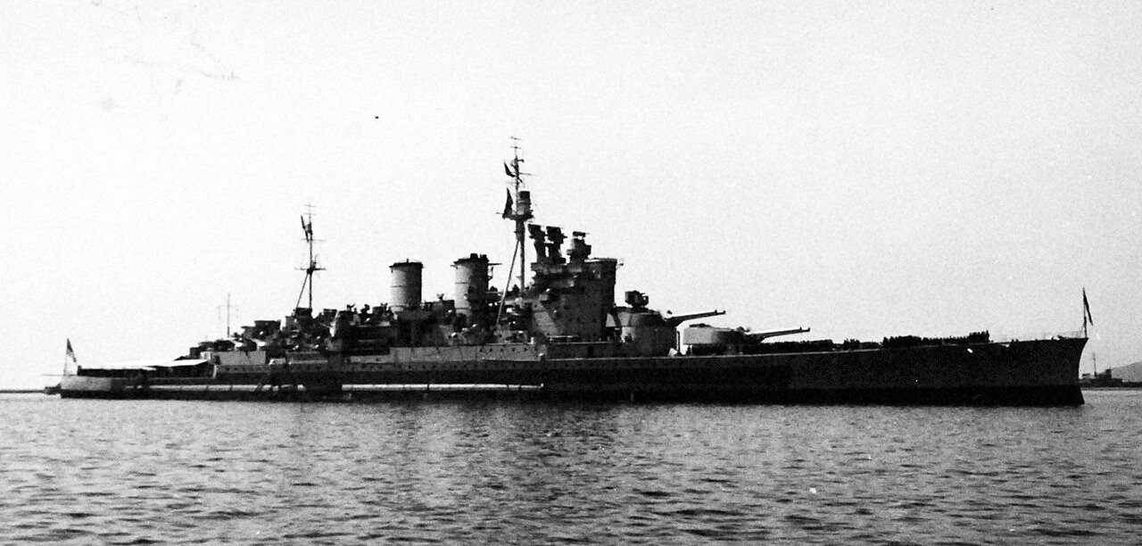 80-G-700284: Potsdam Conference, 17 July – 2 August 1945. HMS Renown (battleship) at Plymouth, England. Photographed released August 2nd, 1945. U.S. Navy Photograph, now in the collections of the National Archives. (2016/02/23).