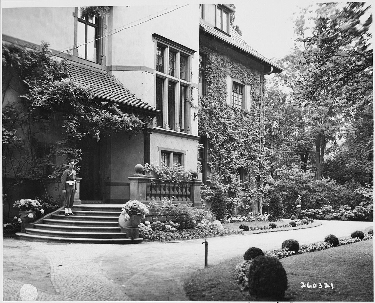 An MP guards the entrance to the "Little White House" in Babelsburg, Germany, residence of President Harry S. Truman…