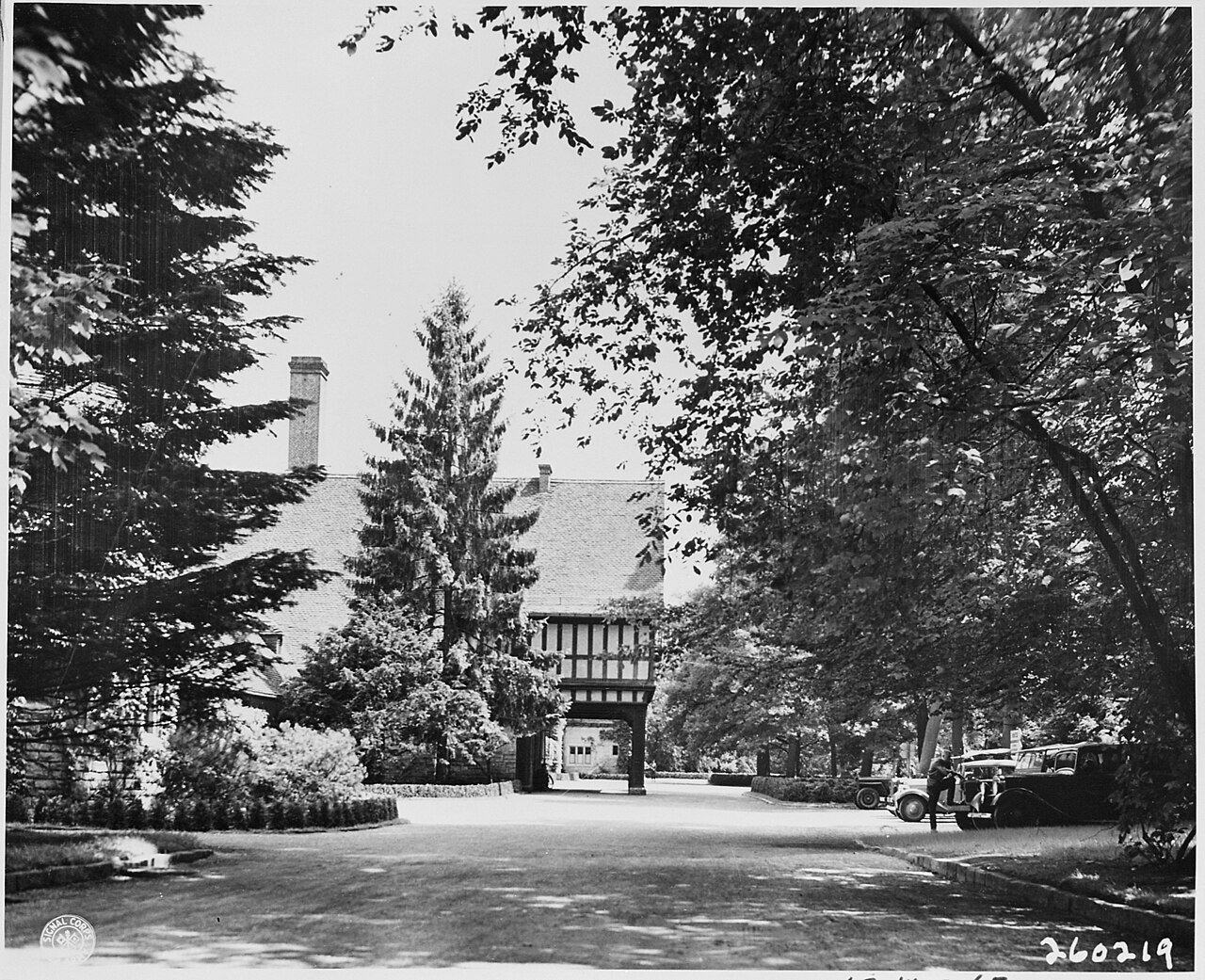 Approaching from the location of the side entrance, this is the main entrance to Cecilienhof Palace, site of the…