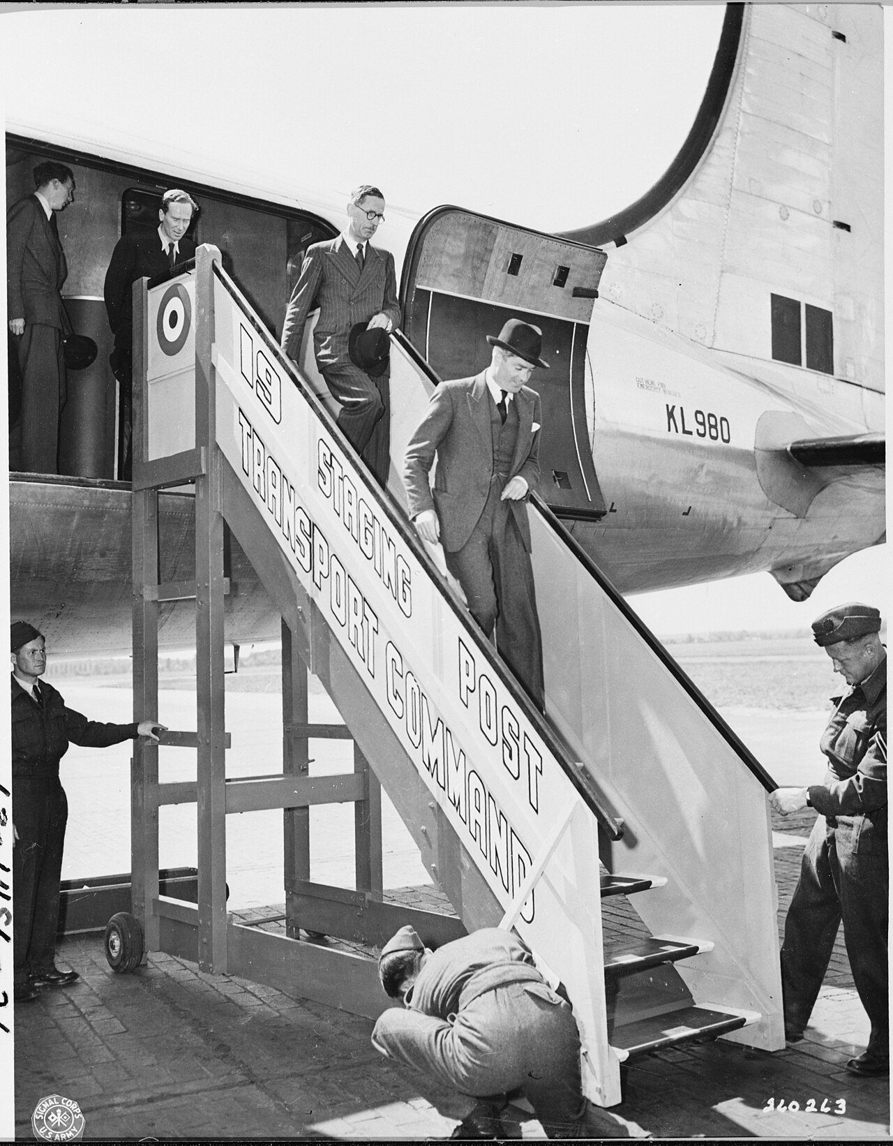 British foreign minister Anthony Eden deplanes at Gatow Airport in Berlin, Germany to attend the Potsdam Conference