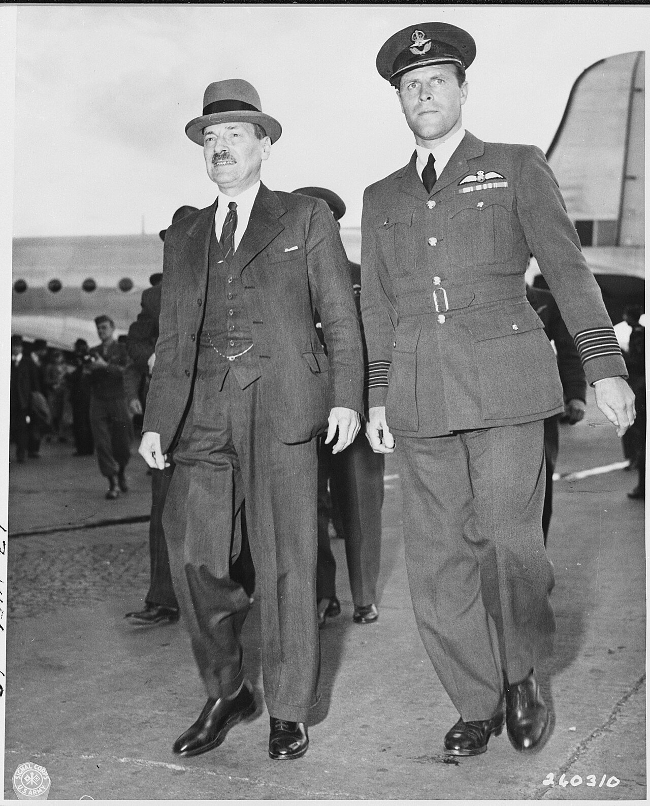 British Prime Minister Clement Attlee and Captain D. kM. Somerville arrived at Gatow Airport in Berlin, Germany to…