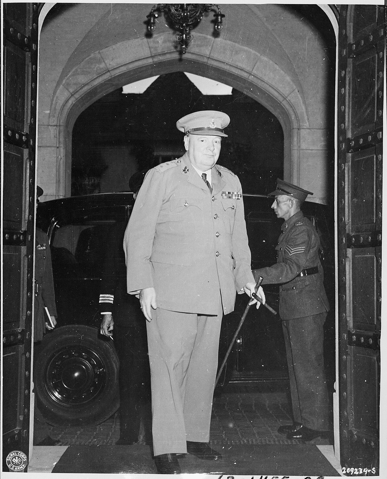 British Prime Minister Winston Churchill arrives at Cecilienhof Palace in Potsdam, Germany for the opening of the…