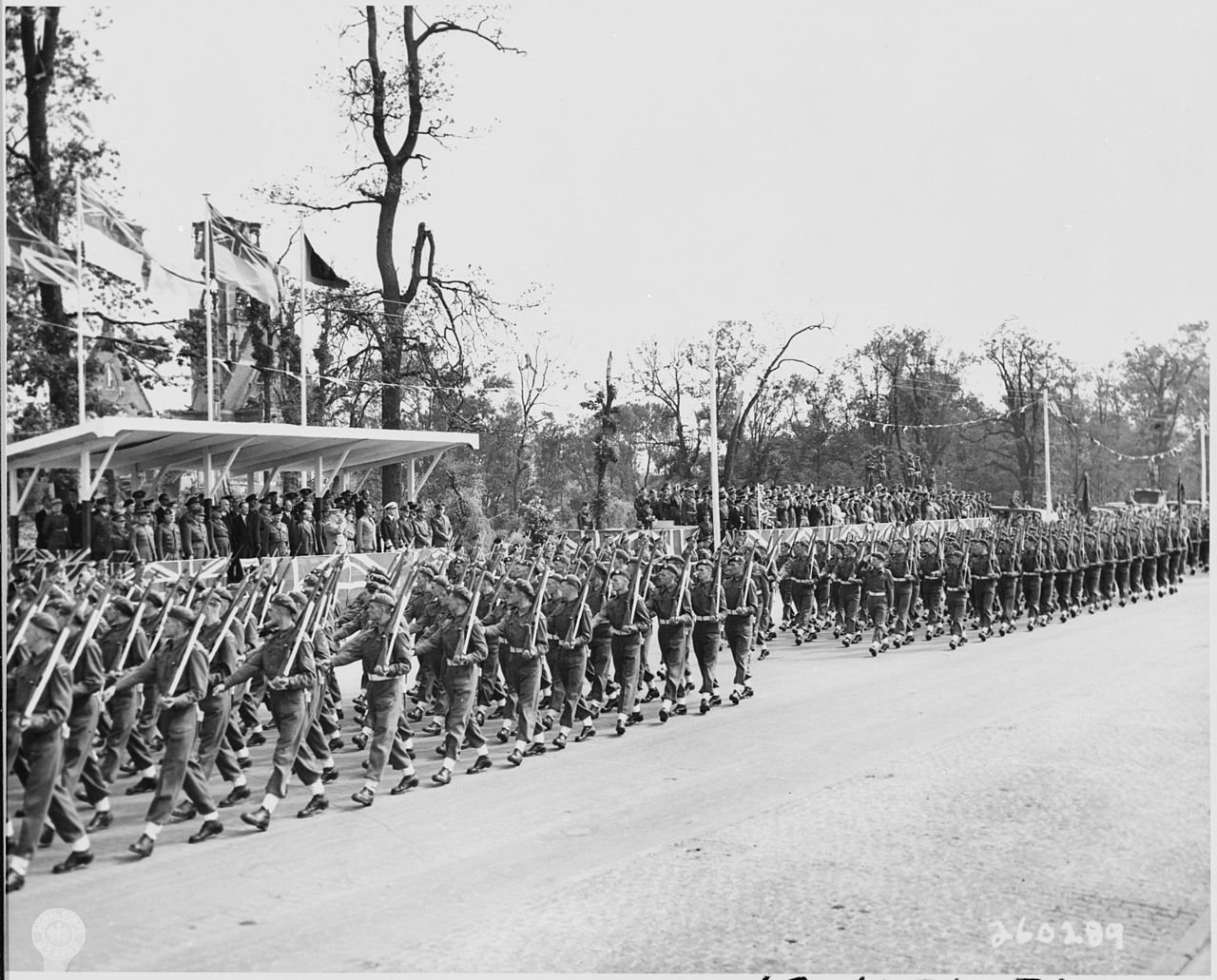 British troops pass by the reviewing stand during the British victory parade in Berlin, Germany during the Potsdam…