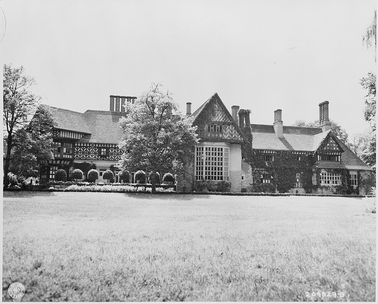 Front of Cecilienhof Palace, site of the Potsdam Conference in Potsdam, Germany. Left in the photo is the section…