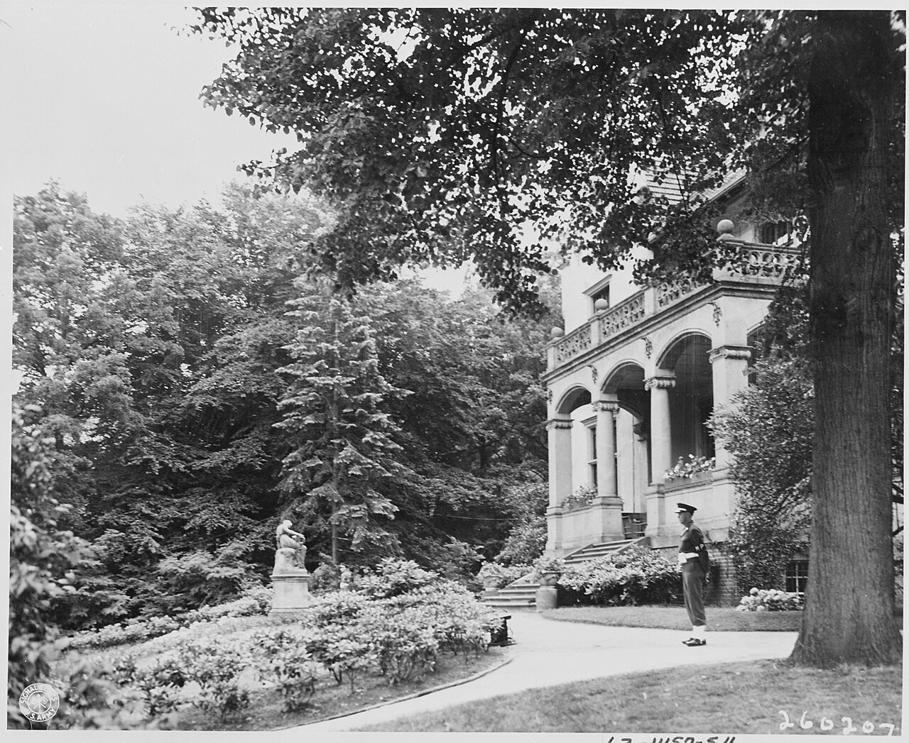 Front portico and grounds of the "Little White House" at Babelsburg, Germany, residence of President Harry S. Truman…
