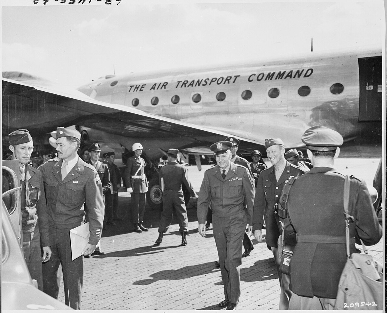 Gen. Brehon B. Somervall, Commanding General, Army Service Forces, center, is escorted to his car by Brig. Gen. Earl…
