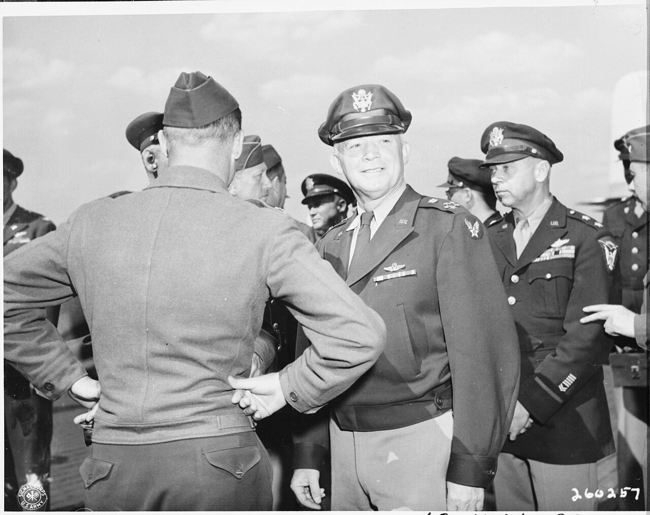 General of the Army Air Forces, Gen. Henry "Hap" Arnold, left, is greeted by his son, Lt. Col. Henry Arnold who was…
