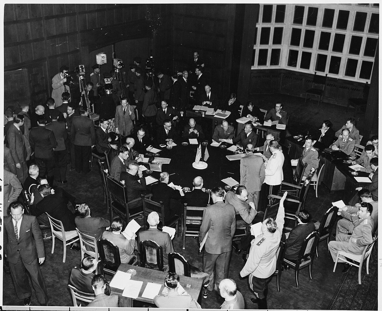 General view of the conference room at the Potsdam Conference as President Truman, Soviet Prime Minister Josef…