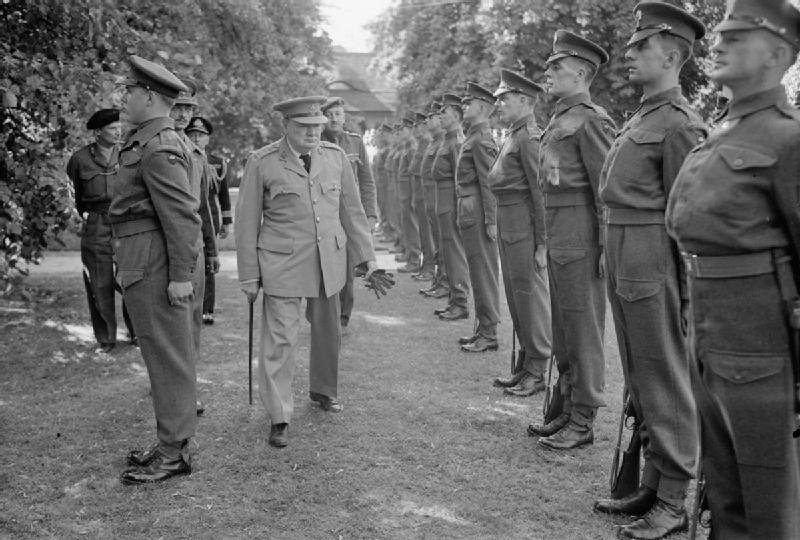 Germany Under Allied Occupation 1945 Prime Minister Winston Churchill inspecting a guard of honour of the Scots Guards at British Headquarters, Berlin, soon after his arrival for the 'Big Three' conference at Potsdam.