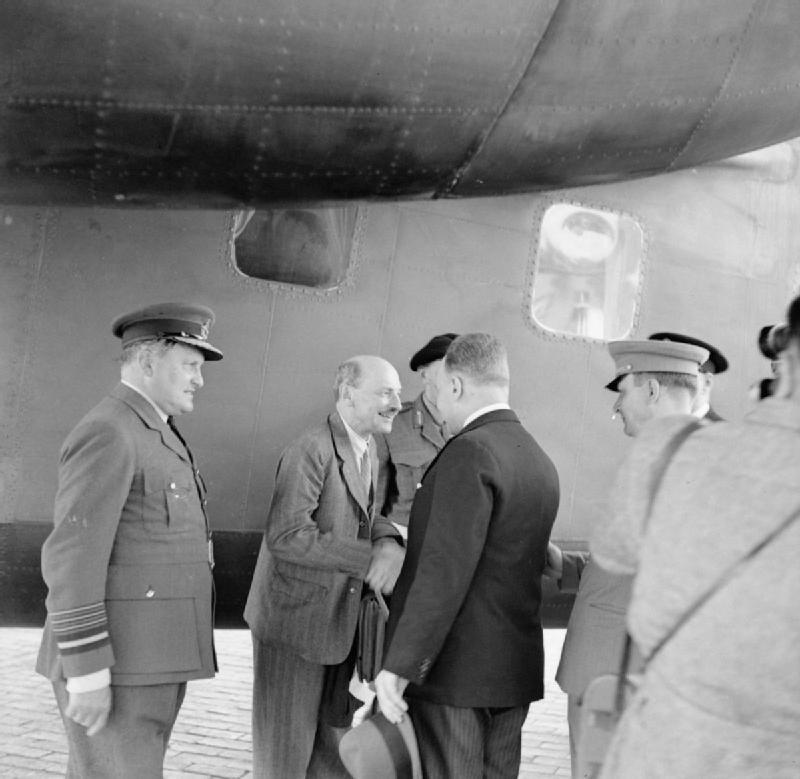 Germany Under Allied Occupation Clement Atlee is greeted by the Russian Ambassador to London, M Gusev, on his arrival at Gatow airfield, Berlin, for the 'Big Three' conference at Potsdam.