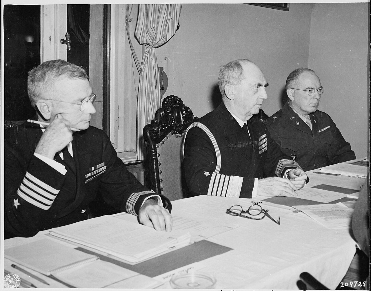 L to R, Captain C. J. Moore, Adm. William Leahy, and Brig. Gen. Andrew J. McFarland, at the meeting of the Joint…