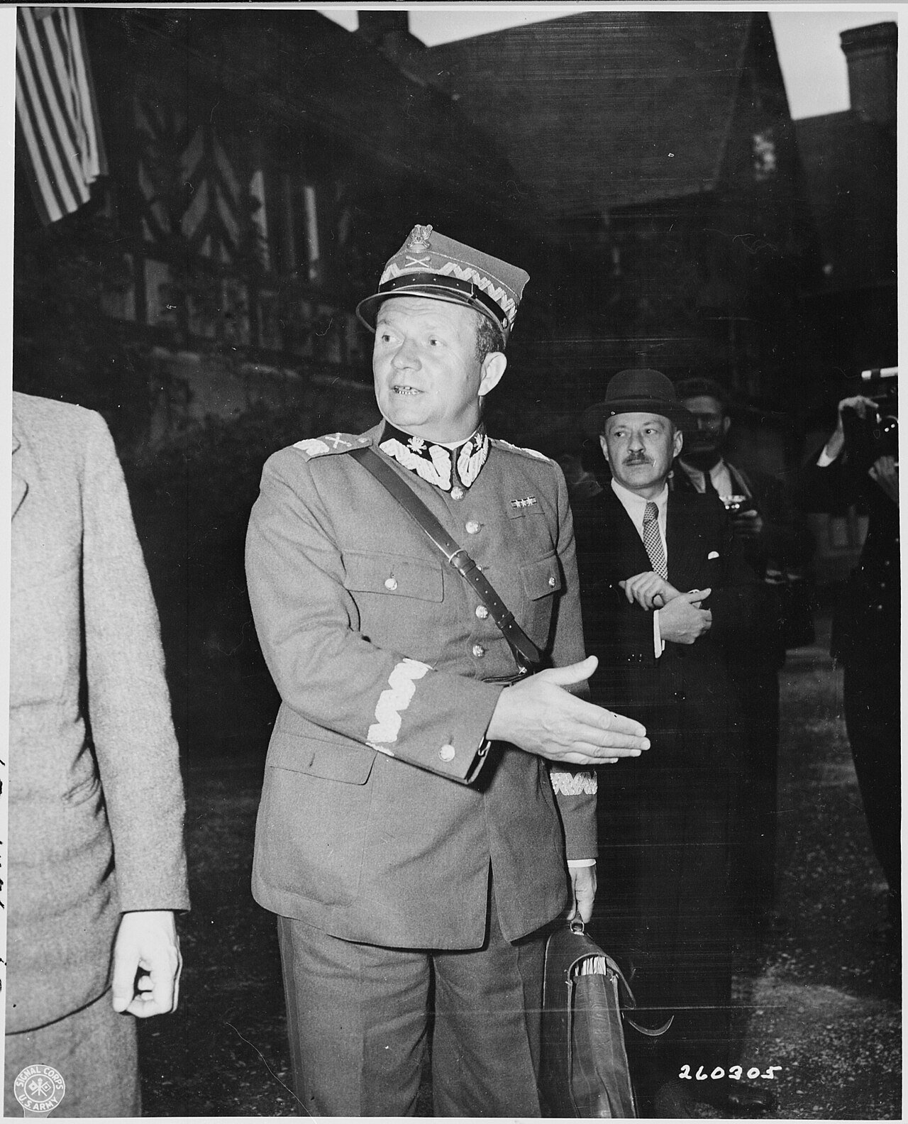 Marshal Zymirski, Polish Army officer, leaving the Cecilienhof Palace during the Potsdam Conference in Germany.