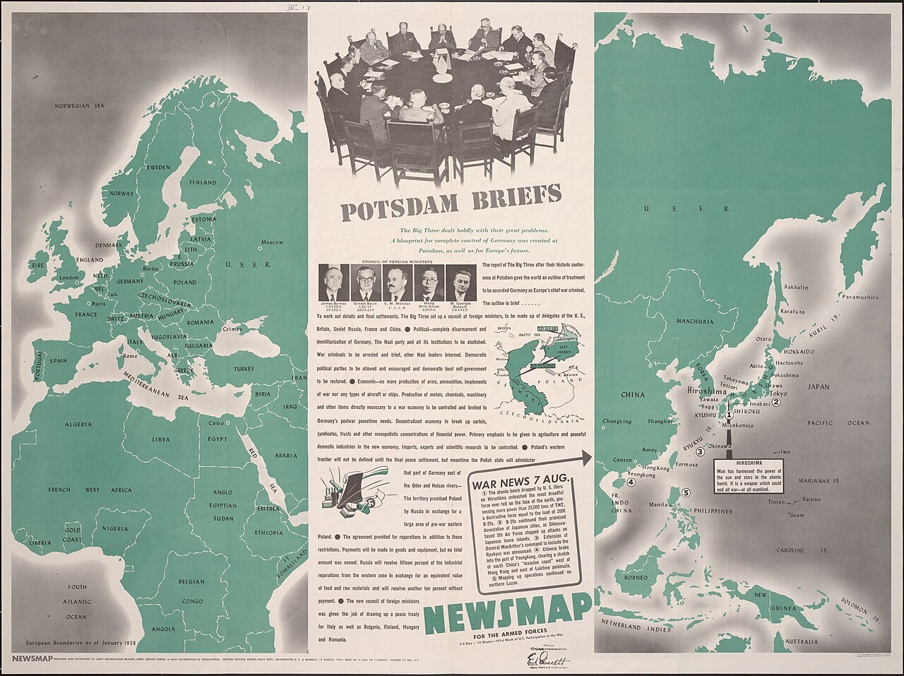 Summary of Potsdam conference. Map shows European boundaries as of January 1938. Inset map details administration of eastern Germany and East Prussia.
