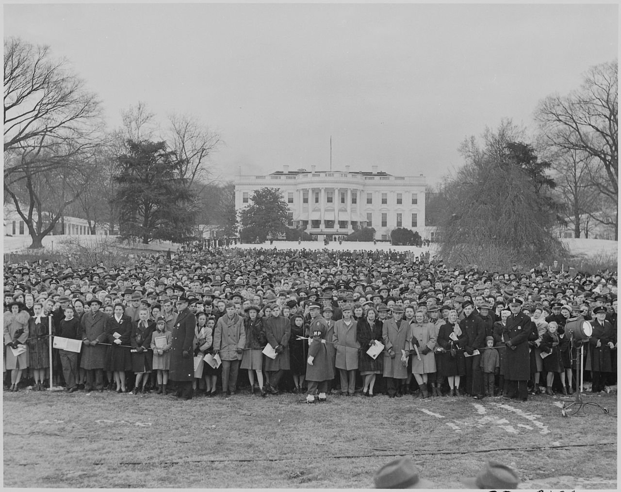 Photograph of a large crowd of spectators assembled on the White House Grounds for the ceremonial lighting of the…