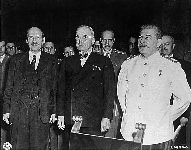 From left to right. British Prime Minister Clement Attlee , American President Harry S. Truman and Soviet leader Joseph Stalin at the Potsdam Conference in 1945.