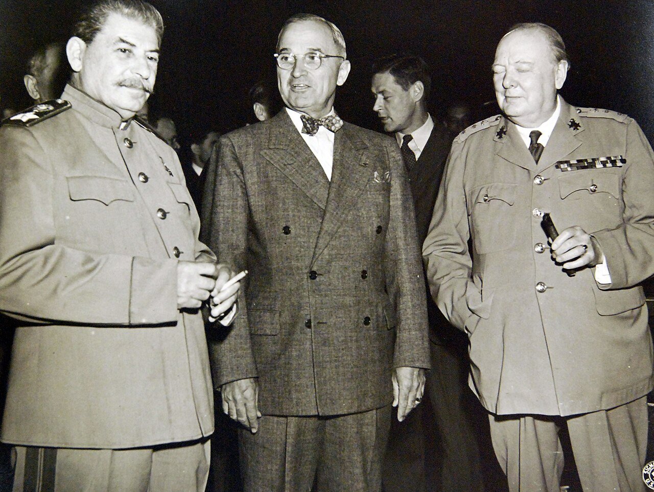 PR-CN-1972-185-Box-2-1: Potsdam Conference July-August 1945. Shown, left to right: General Secretary of the Community Party of the Soviet Union Joseph Stalin, President Harry S. Truman and Prime Minister Winston Churchill. Fleet Admiral William D. Leahy, USN, Collection. Courtesy of the Library of Congress. (2017/06/16).