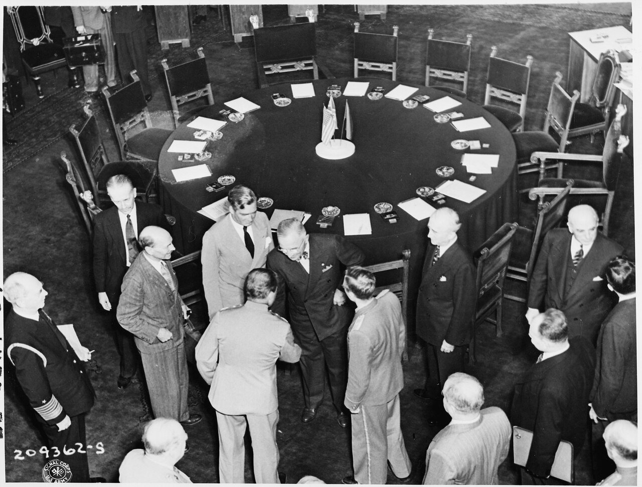 President Harry S. Truman greeting Soviet leader Josef Stalin at the start of the third day of the Potsdam Conference…