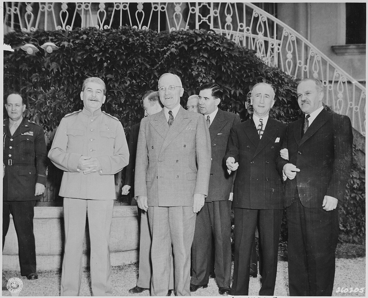 President Harry S. Truman visits Soviet Prime Minister Josef Stalin at Mr. Stalin's residence during the Potsdam…