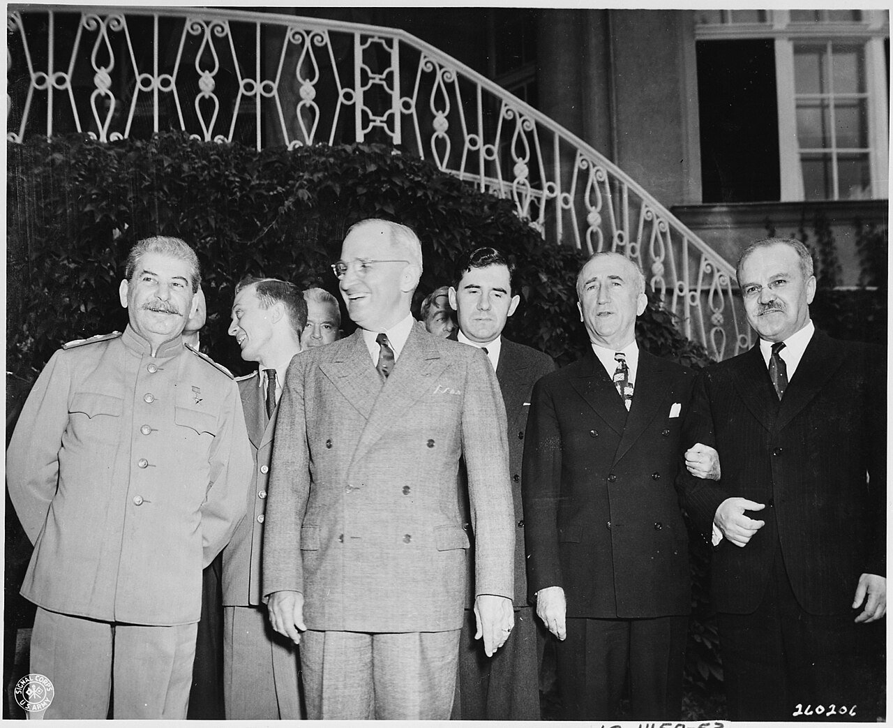 President Harry S. Truman visits Soviet Prime Minister Josef Stalin at Mr. Stalin's residence during the Potsdam…