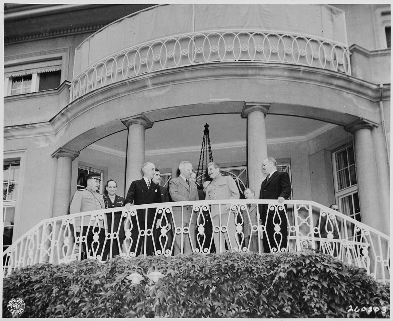 President Harry S. Truman with Secretary of State James Byrnes, visits Premier Josef Stalin of the Soviet Union at…
