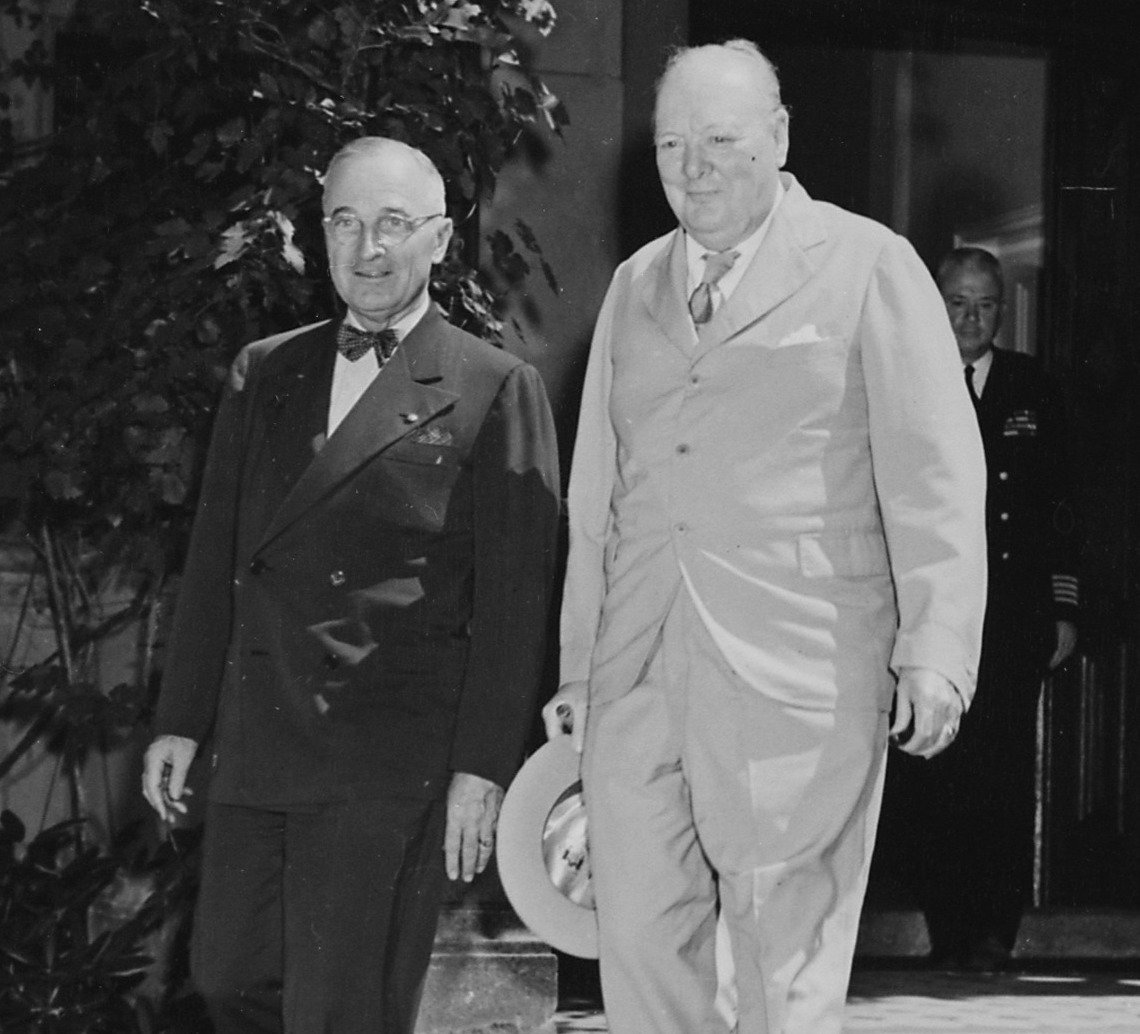 President Truman and Prime Minister Winston Churchill leave the "Little White House," the residence of President... - NARA - 198763 (cropped)