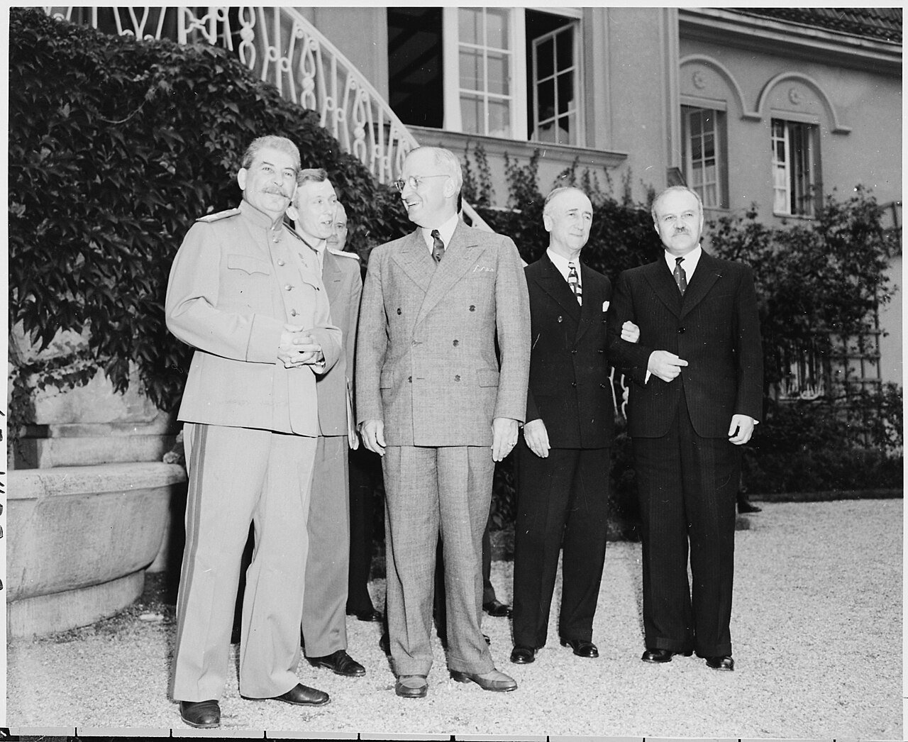 President Truman and Soviet Union Prime Minister Josef Stalin on the lawn in front of Prime Minister Stalin's…