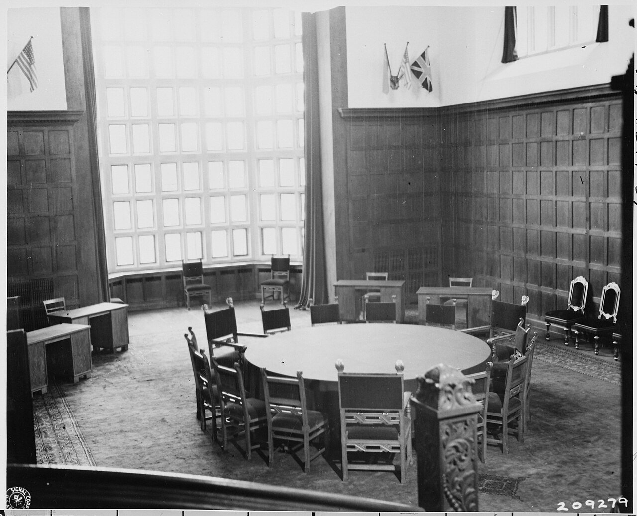 The conference table at Cecilienhof, where the Potsdam conference meetings were held.