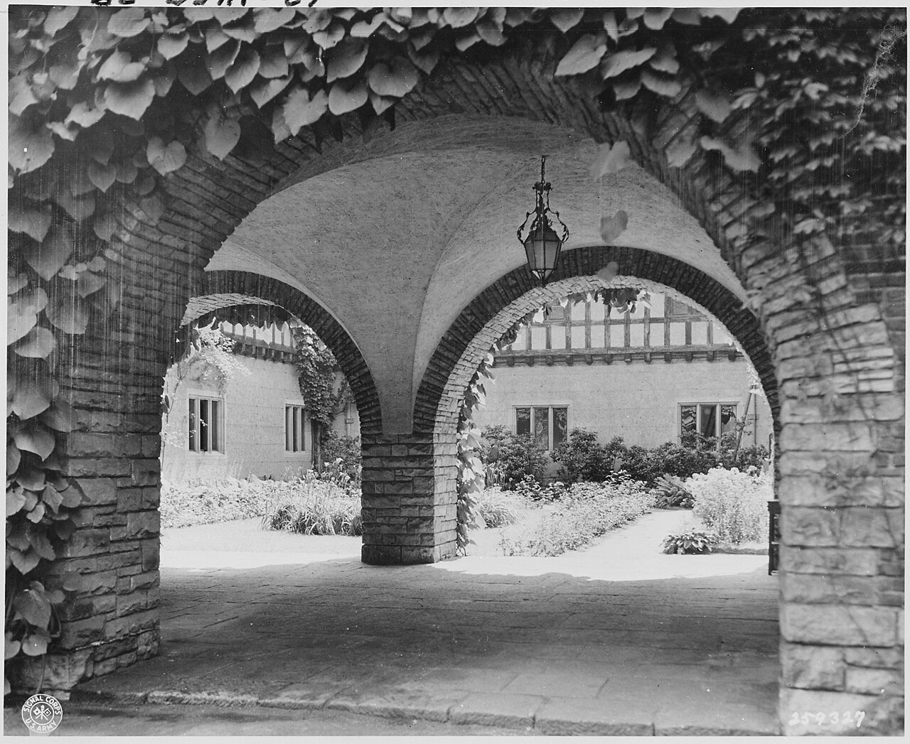 The courtyard near the rear of Cecilienhof Palace in Potsdam, Germany where the Potsdam Conference will be held. The…