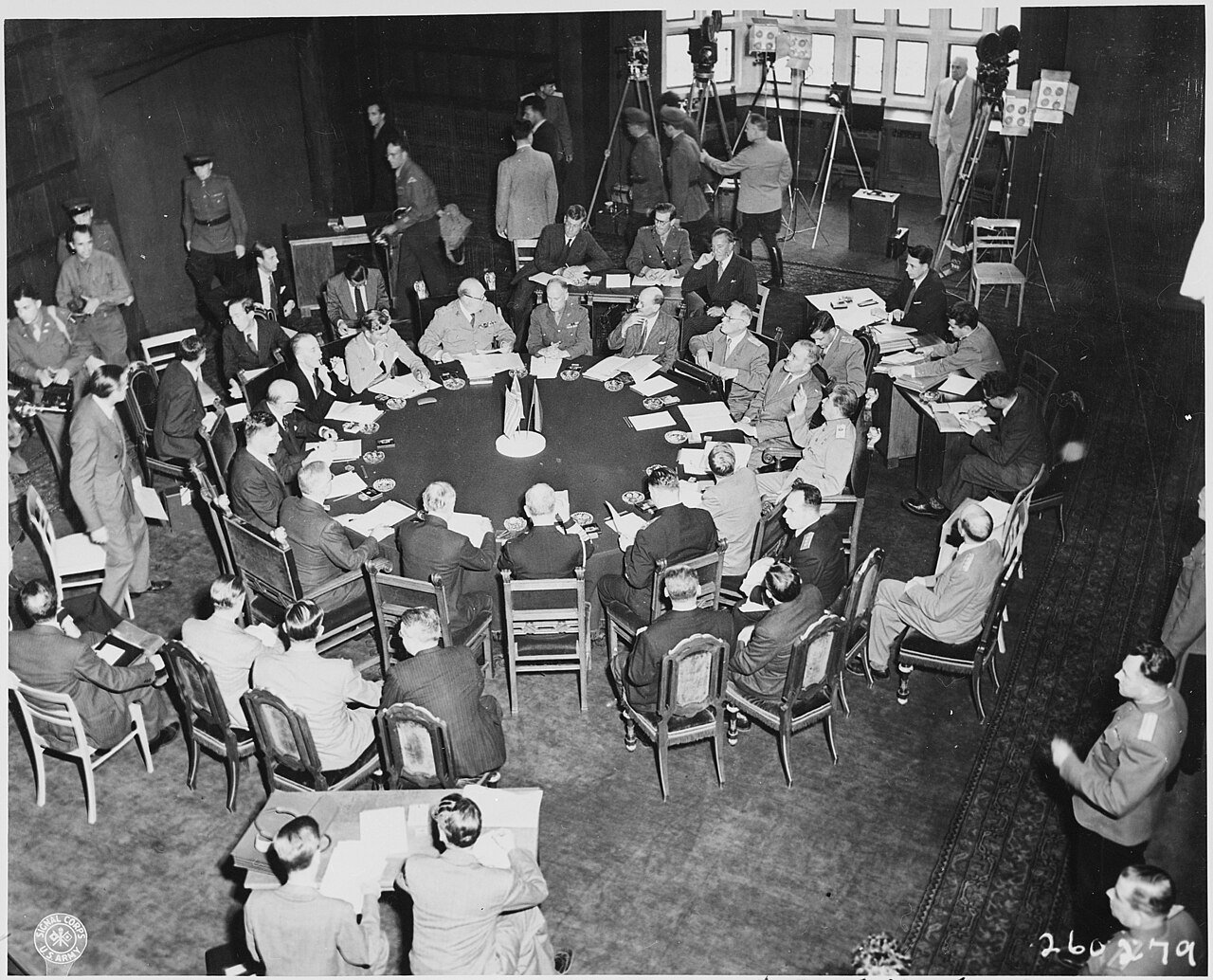 View of the conference table at Cecilienhof Palace, scene of the Potsdam Conference in Potsdam, Germany. President…