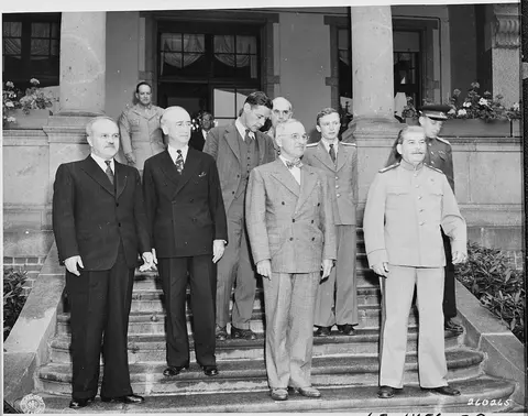First meeting of Soviet leader Josef Stalin and President Harry S. Truman at the "Little White House," residence of…