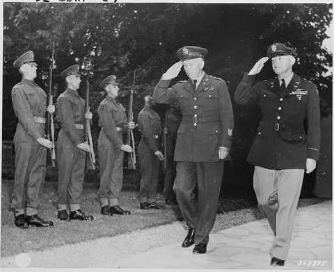 Gen. George C. Marshall, U. S. Army Chief of Staff, and Gen. Henry "Hap" Arnold, Commanding General, U. S. Army Air…