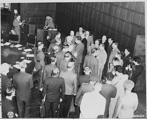 General overview photograph of President Harry S. Truman, Soviet Prime Minister Josef Stalin, and the new Prime…