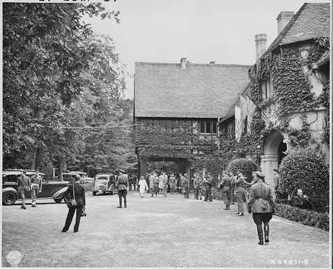 General scene showing activity in front of the Cecilienhof Palace, site of the Potsdam Conference in Potsdam, Germany.