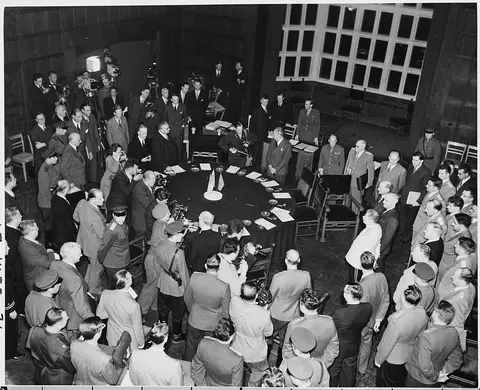 General view of President Harry S. Truman, new Great Britain Prime Minister Clement Attlee, and Soviet Prime Minister…