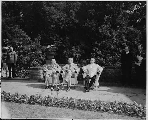 L to R, seated, British Prime Minister Winston Churchill, U. S. President Harry S. Truman, and Soviet Union Prime…