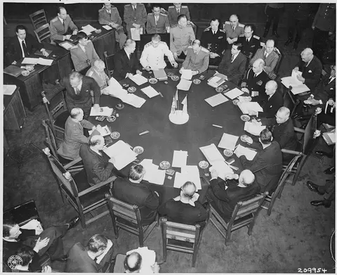 Last meeting of the Potsdam Conference in Potsdam, Germany. Seated around the conference table, President Harry S.…