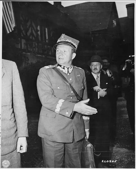 Marshal Zymirski, Polish Army officer, leaving the Cecilienhof Palace during the Potsdam Conference in Germany.