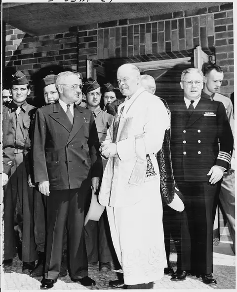 President Truman with Father L. Curtis Tiernan, Chief Chaplain of the United States Army Forces of the European…