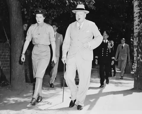 Prime Minister Winston Churchill of Great Britain, accompanied by his daughter, Mary Churchill, leaves the "Little…